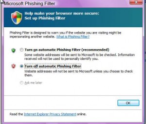 Internet Explorer phishing off