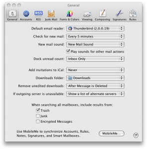 The Preferences dialog box with the General tab selected, and Thunderbird chosen as the default mail client.