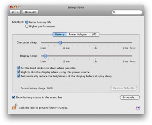 The "Energy Saver" dialog box, with the Battery tab selected. You may or may not have a UPS tab in your version.
