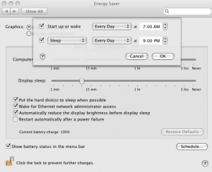 The "Energy Saver" dialog box with the Schedule button depressed, showing when the laptop will wake and sleep each day.
