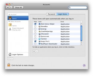 Opening the "Login Items" section of your Accounts System Preferences lets you control what starts and what's hidden when you log in.